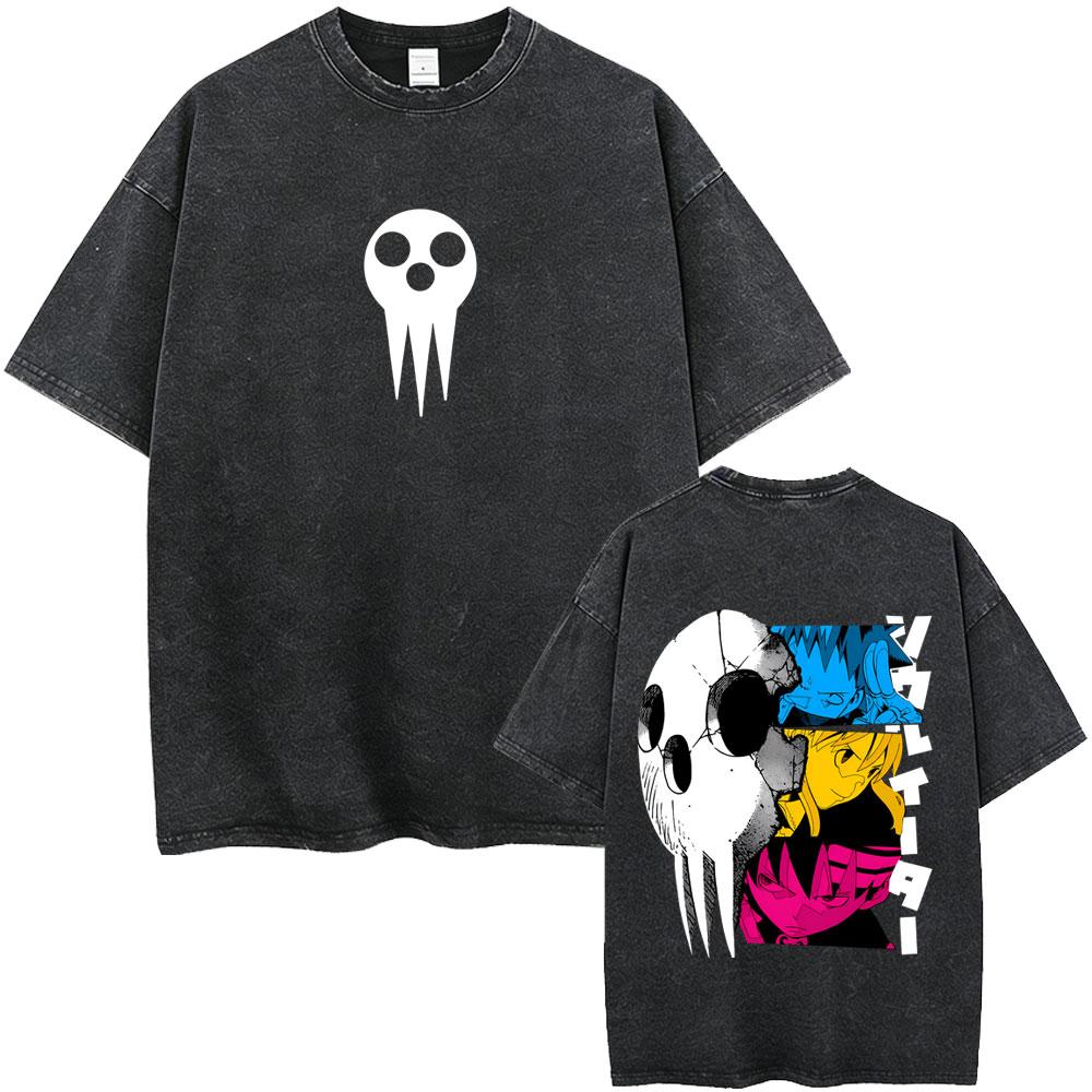 Washed Vintage Anime Soul Eater Maka Albarn Soul Evans Graphic Tshirt Mens Retro Manga T Shirts Men Cotton Oversized Tshirts
