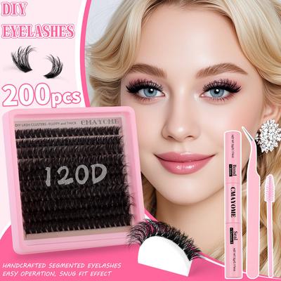 Luxury Custom Logo 120D Thick Cluster Lashes 200Pcs Large Capacity DIY Segmented Eyelash Set Reusable Volume Lash