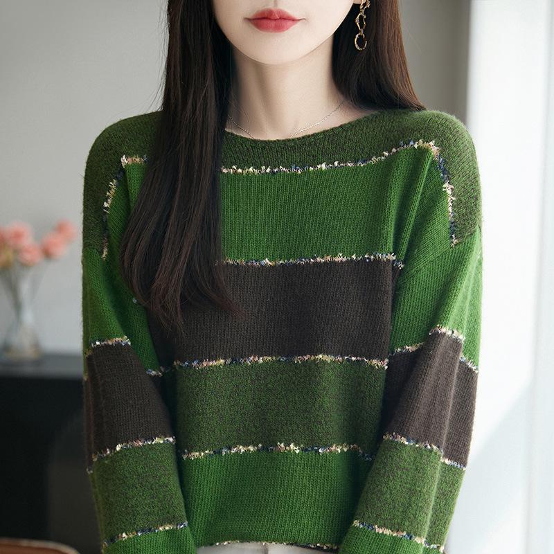 Women s Plus Size Color Block Stripe Crew Neck Knit Sweater - Long Sleeve Loose Fit for AutumnWinter L 2665₽