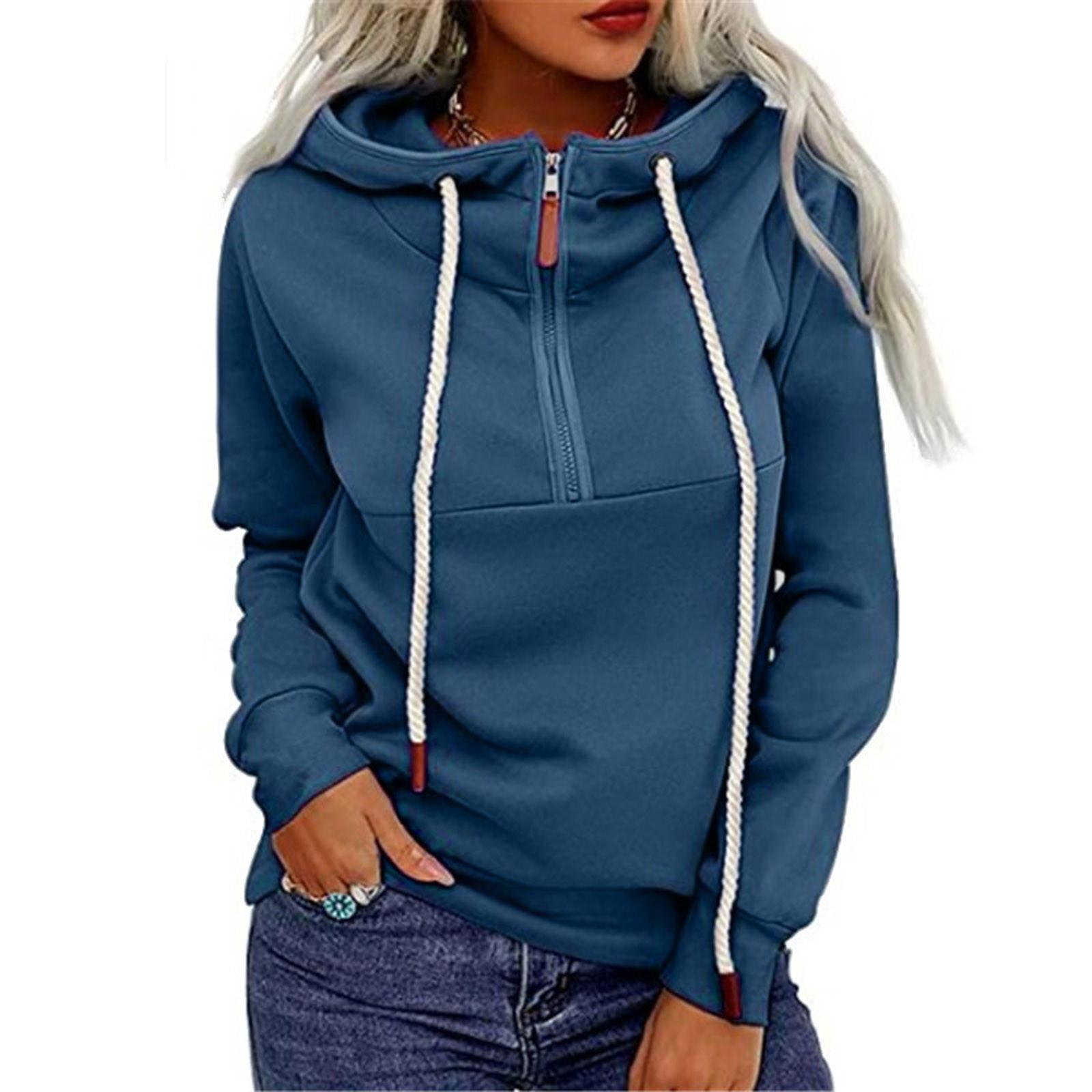 Women s Casual Zipper Sweatshirt Long-Sleeved Pullover Drawstring Blouse XXL синий