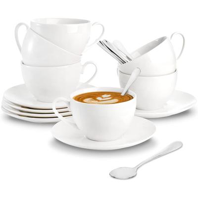 Espresso Cups with Saucers and Spoons, 6 Oz White Tea Cup Set, Porcelain Coffee Cup and Saucer Set with Stainless Steel Spoon