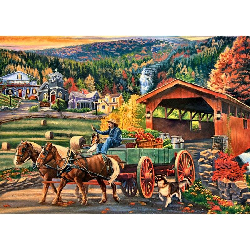 Pictură cu diamant 5D DIY, peisaj, casă, broderie cu diamante, peisaj, punct de cruce, complet rotund, burghiu, decor manual, cadou