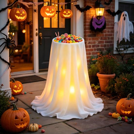 Decoração de Halloween Yousheng com Luz LED de 8 Modos com Controle Remoto, Tigela de Doces Fantasma com Suporte de Tripé, Porta-Doces Fantasma Fofo para a Frente