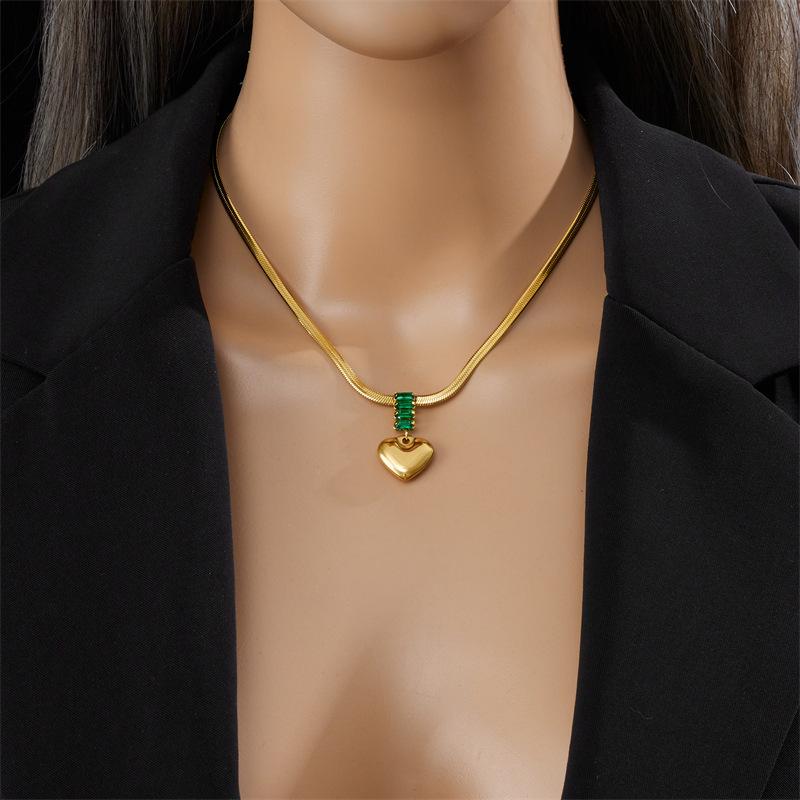 Gold Plated Herringbone Chain Green CZ Heart Pendant Necklace, Stainless Steel Emerald Choker, Waterproof Elegant Jewelry for Women Women Gift