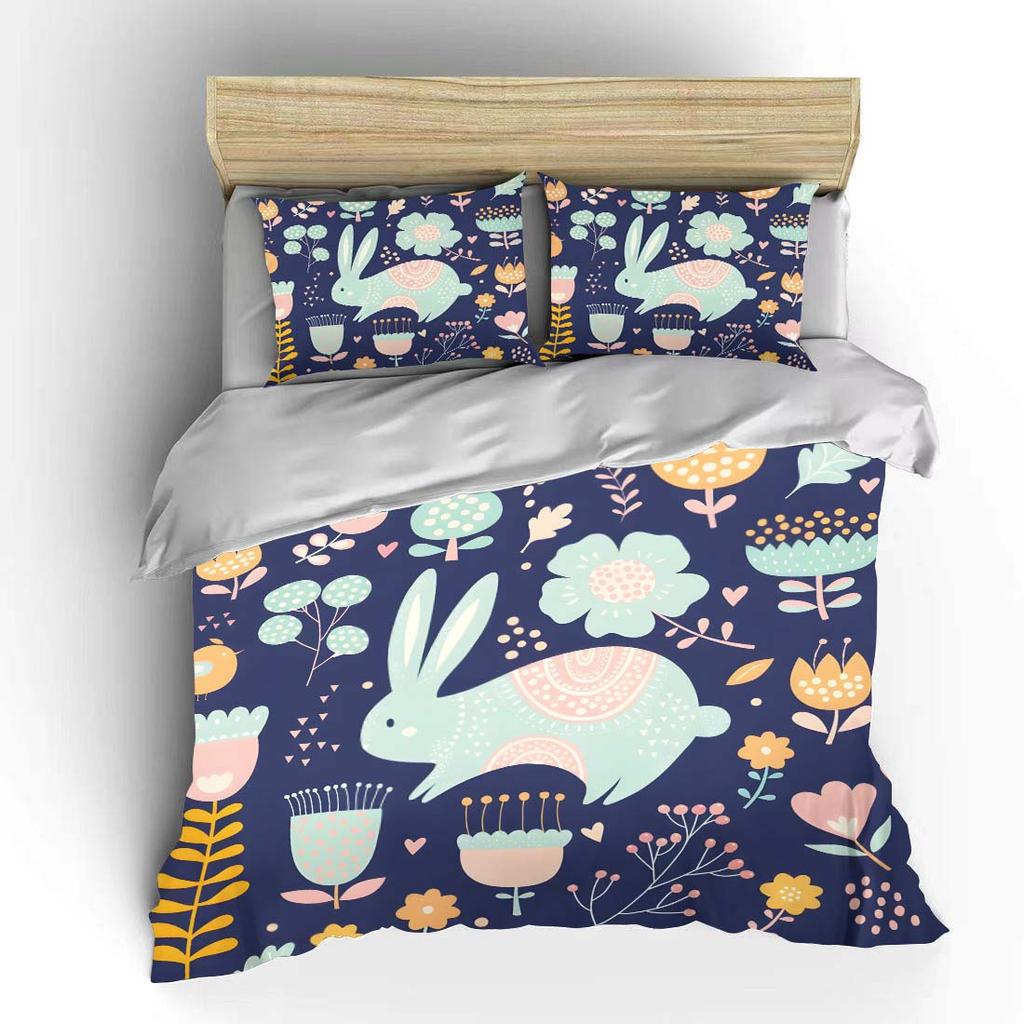 Cute Hand-Drawn Rabbit And Floral Pattern Bedding Set 1 Duvet Cover 2 Pillowcases For Adult And Children Luxury Gift Full Size