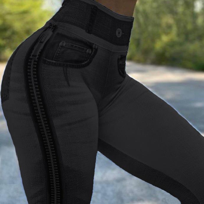 2024 Autumn Winter Women's High Waist High Elastic Imitation Denim Leggings Solid Color Fitness Sports Yoga Pants