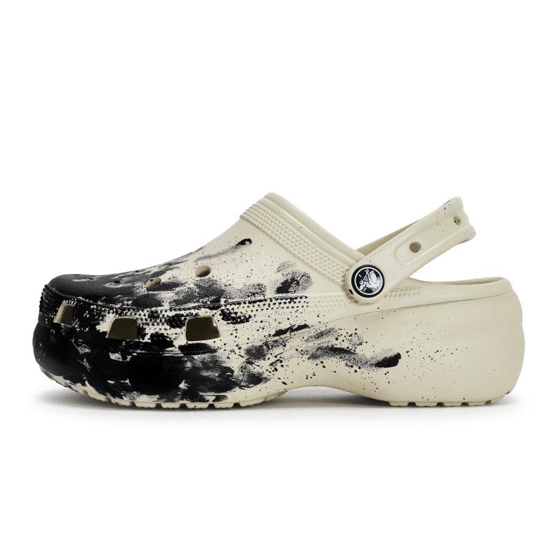Crocs Classic Platform Clog 811 Manufacture Penetration Site Special Shoe Box Fluid Ink Splash Hole Shoes Women's Bone White and Black