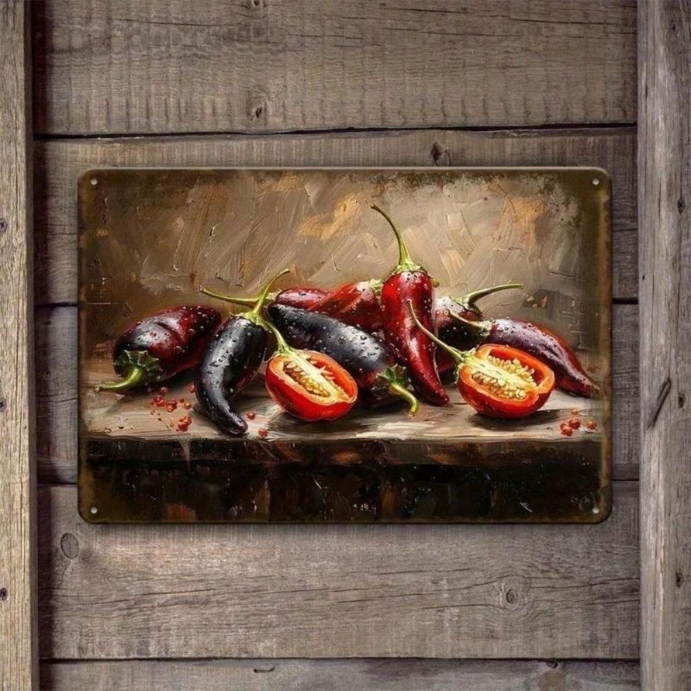 Vintage Metal Tin Sign, Kitchen Decor, Pepper Still Life, Country Style Wall Art for Home & Cafe