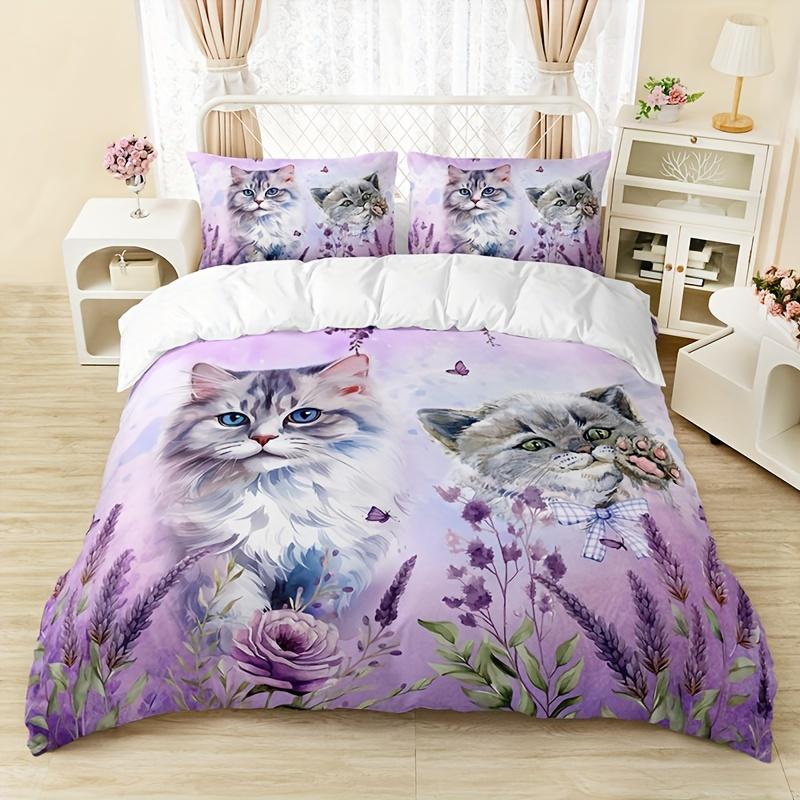 

3Pcs Duvet Cover Set (1*Duvet Cover + 2*Pillowcase, Without Core), Lavender Cat Animal Floral Print Bedding Set EU Twin(135x200cm)