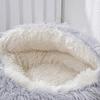 Pet Shell Nest Bed Warm Calming Cat Cave Bed with Hooded Cover Semi Enclosed Fluffy Plush Lined Round Bed for Small Medium Pets
