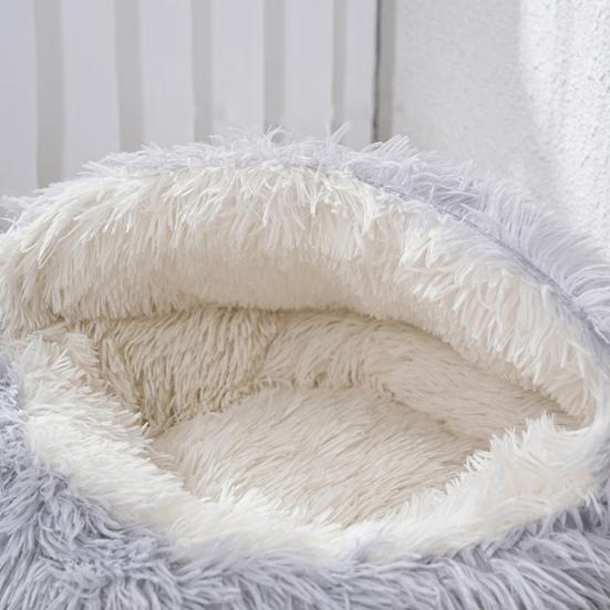 Pet Shell Nest Bed Warm Calming Cat Cave Bed with Hooded Cover Semi Enclosed Fluffy Plush Lined Round Bed for Small Medium Pets