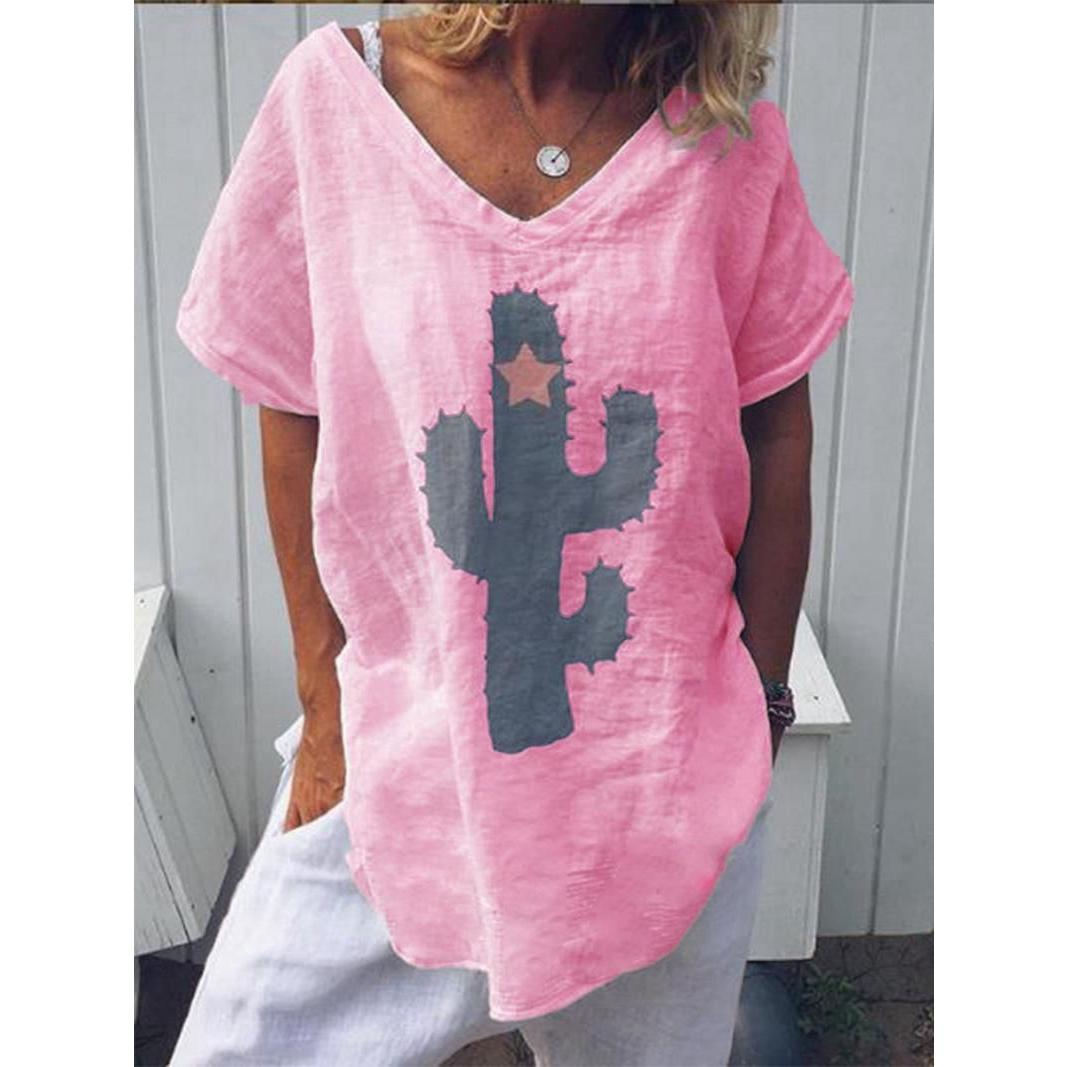 

2023 Новая летняя модная футболка с короткими рукавами, топы, повседневная свободная хлопковая льняная рубашка с забавным принтом кактуса, верхняя блузка для женщин, большие размеры S-5XL 4XL розовый