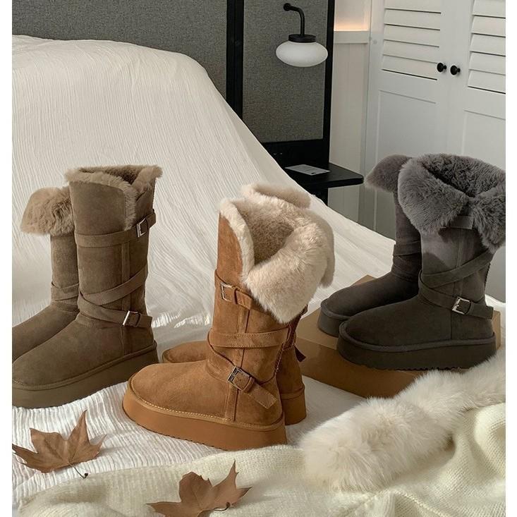 Round head warm thick-soled cotton shoes piled and thickened fluffy long snow boots women's winter