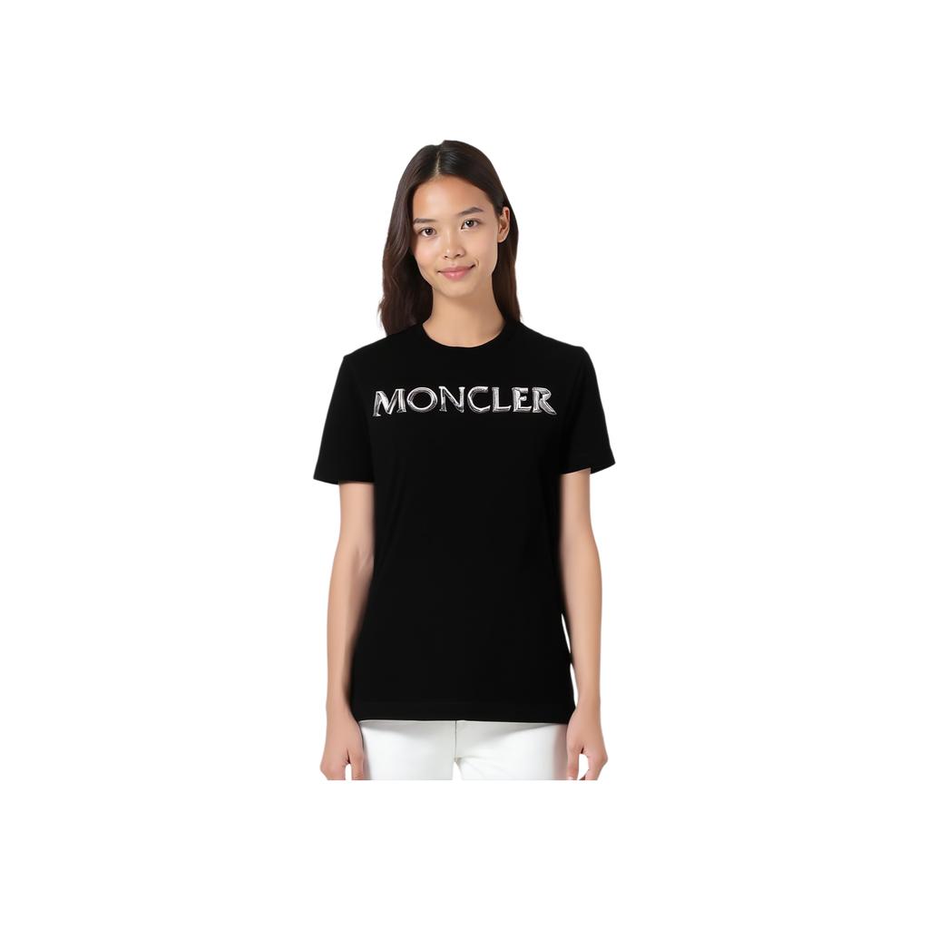 Moncler FW22 Round Neck Pullover Letter Print Short Sleeve T-Shirt Women Tops Black 8C00015829ET999