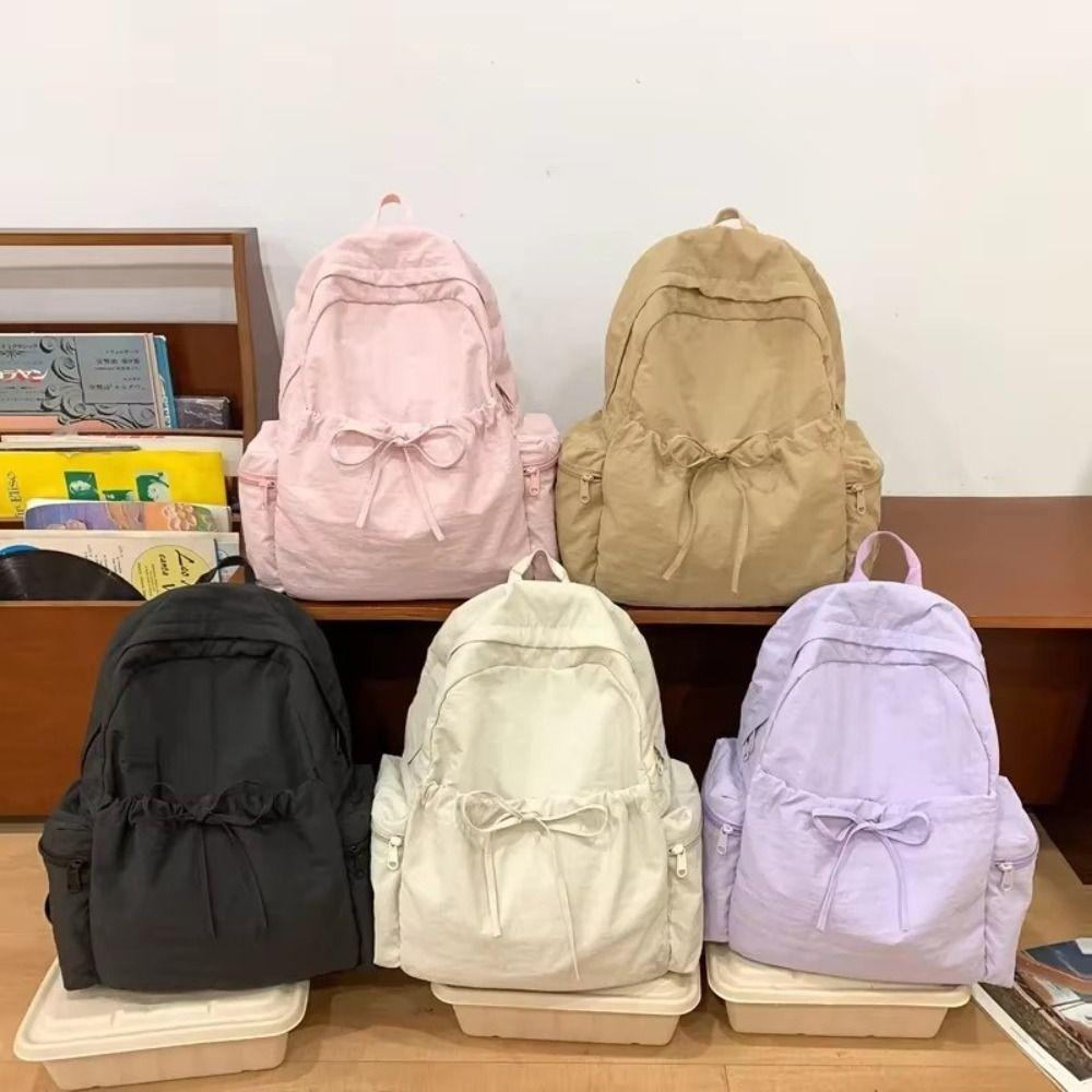 New Design Nylon Lightweight Backpack Solid Color Travel Shoulders Bag Bow Wrinkle Backpack Women
