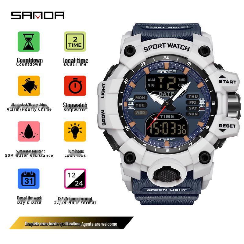 Sanda Multifunctional Waterproof Sports Watch for Outdoor and Student Use with Dual Display and Alarm Clock.