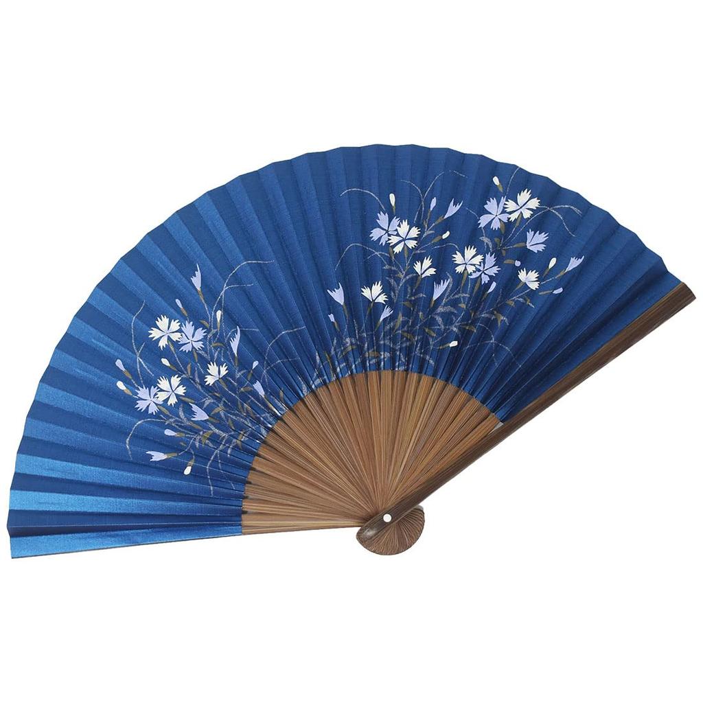 Japanese Kyoto Made In Karaki Navy Blue Bellflower Design Fan, Style, Japan, Wood, Pearl,