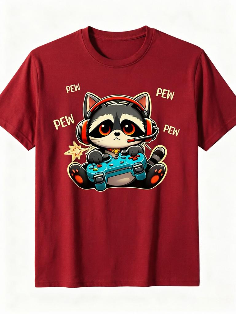 Cute Gaming Raccoon Pew Pew TShirt Cartoon Gamer Animal Graphic Tee Casual Cotton Short Sleeve Tshirt