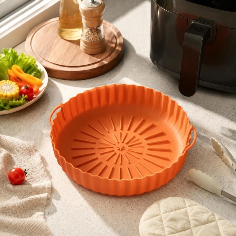 Round and Square Cooking Basket Trays in Reusable Silicone with Grip Handle Design and Crumb Collecting Base Pair