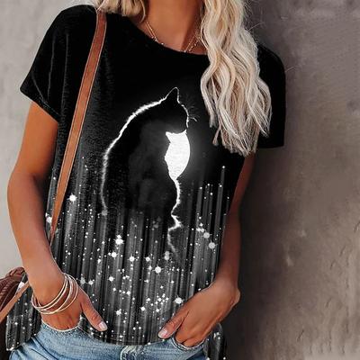 Γυναικείο Καλοκαιρινό Casual T-shirt με Στρογγυλή Λαιμόκοψη, 3D Εκτύπωση με Μοτίβο Γάτας στο Φως του Φεγγαριού, Διαπνέον, Λαιμόκοψη Ο, Κοντομάνικο, Oversized, Καλοκαίρι