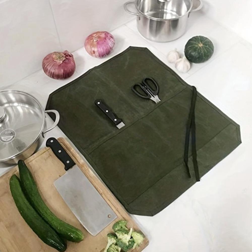Chef Knife Roll Bag Heavy Duty Waxed Canvas Knife Storage with 7 Slots, Multi-Slot Protector for Kitchen Tools & Cutlery