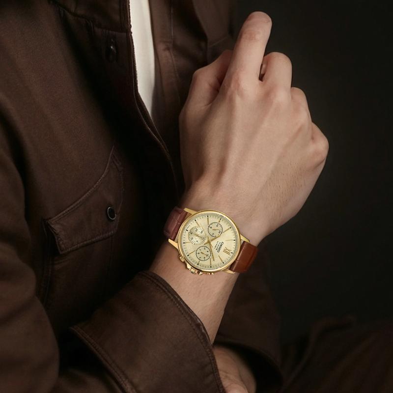

CASIO Beside series 50 meters waterproof Quartz leather strap men s watch gold dial BMS-300GL-5AV синій