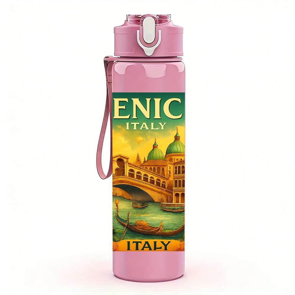 1PC Vintage Venice Travel Poster 750ml Color Plastic Sports Water Bottle Leakproof Flip Straw Lid For Sports Office Home Use