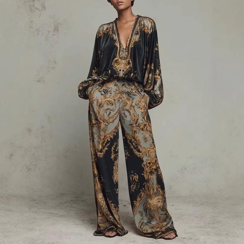 2025 Early Spring Retro V-Neck Korean Velvet Printed Women's Suit