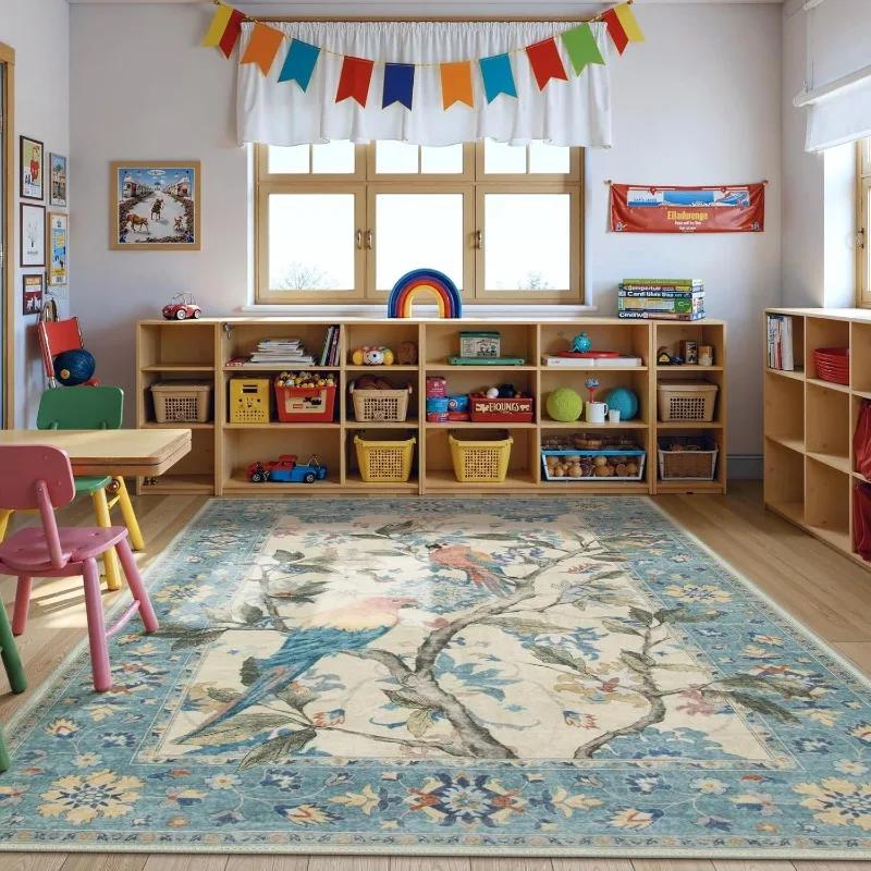 Covor de Zonă cu Model de Floare și Papagal Design Vintage Ultra Lavabil Antiderapant Rezistent la Pete Covoraș pentru Sufragerie Dormitor Decor Acasă