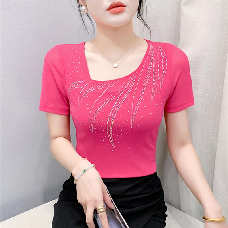 New Summer Women's T-shirt Sexy Skew Collar Shiny Diamonds Tees Fashion Female Short Sleeves Slim Mesh Tops Blouse
