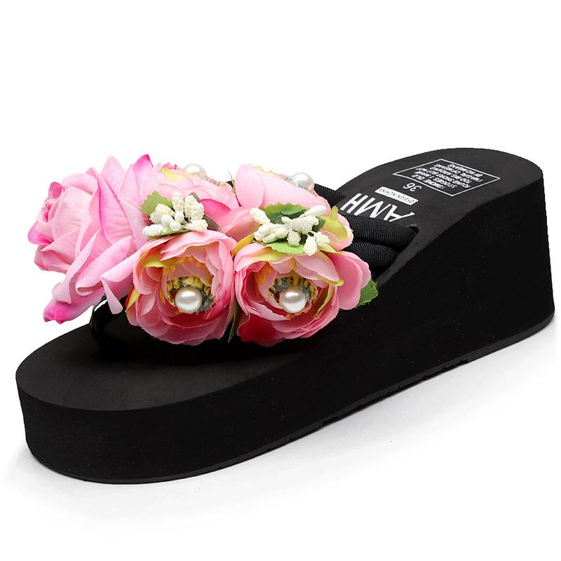 Fashion Platform Sandals 2024 Summer Fashion Women Flip Flops Wedge Beach Slides Flower Pearl Ladies Outside Thick Sole Bohemian Sandals