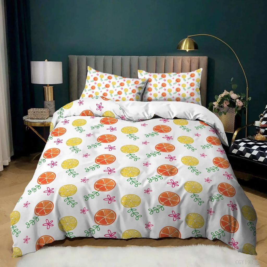 Lemon Duvet Cover Set King/Queen Size,Exotic Tropical Fruit and Leaf,Decorative 3 Piece Bedding Set with 2 Pillow Shams,yellow