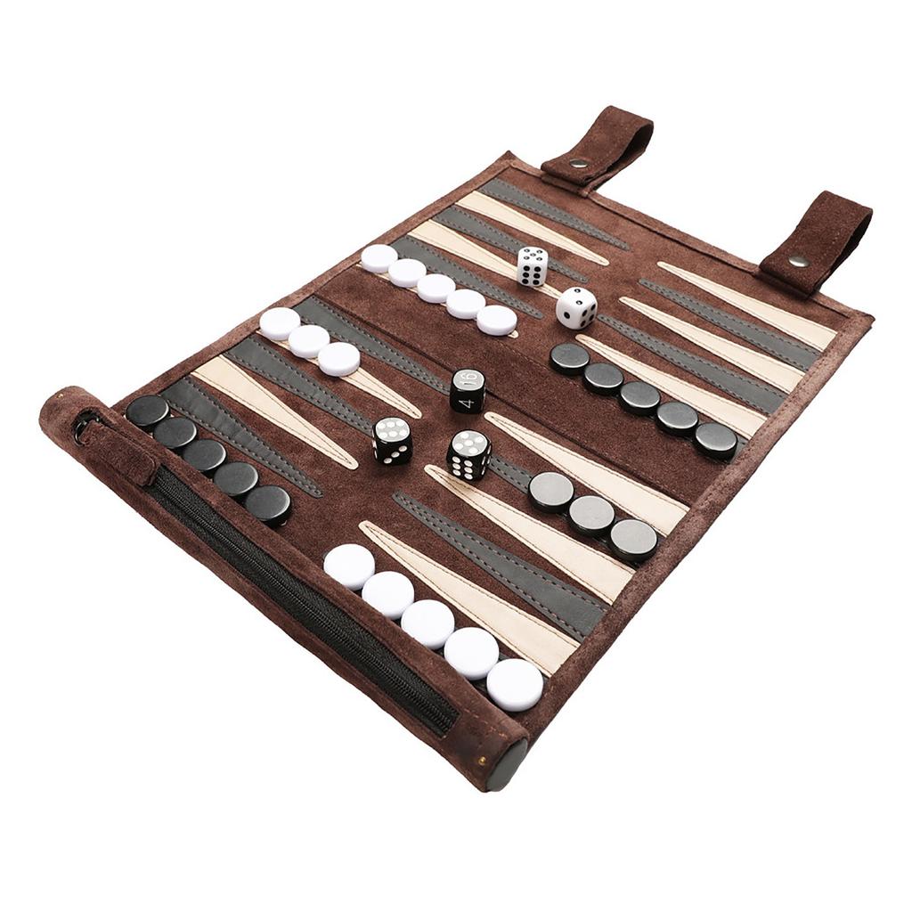 Reise-Backgammon, Rollbares Backgammon für unterwegs und auf der Rückseite Gammon, Hochwertiges Backgammon-Etui, Spiel Reise, Spiel Reise-Backgammon, Leder
