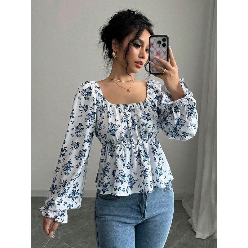 Square-Neck Puffed Sleep Top Fashion Square Collar Puff Sleeve Floral Long Sleeves Open Back