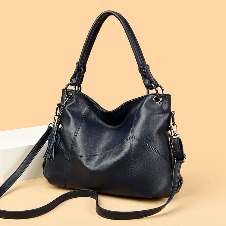 

New large polyester retro big bag fashionable splicing PU fringed portable shoulder tote bag messenger commuter women s bag синий