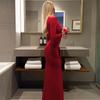 Solid Color Round Neck Long Sleeve High Waist Slim Fit Women Elegant Party Dress