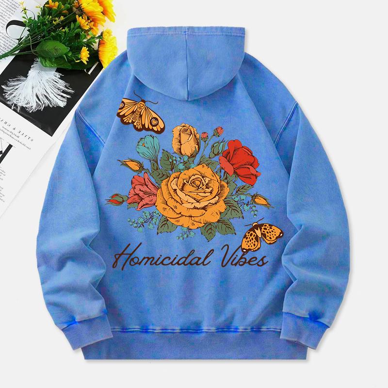 Butterflies And Flowers Washed Hoodie Womens Vintage Print Cotton Pullover Distressed Pocket Oversize Hoody Clothes
