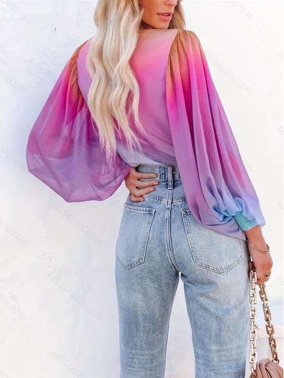 European & American Gradient Chiffon Sexy Printed Long-Sleeve Pullover Women's Shirt for Spring & Autumn