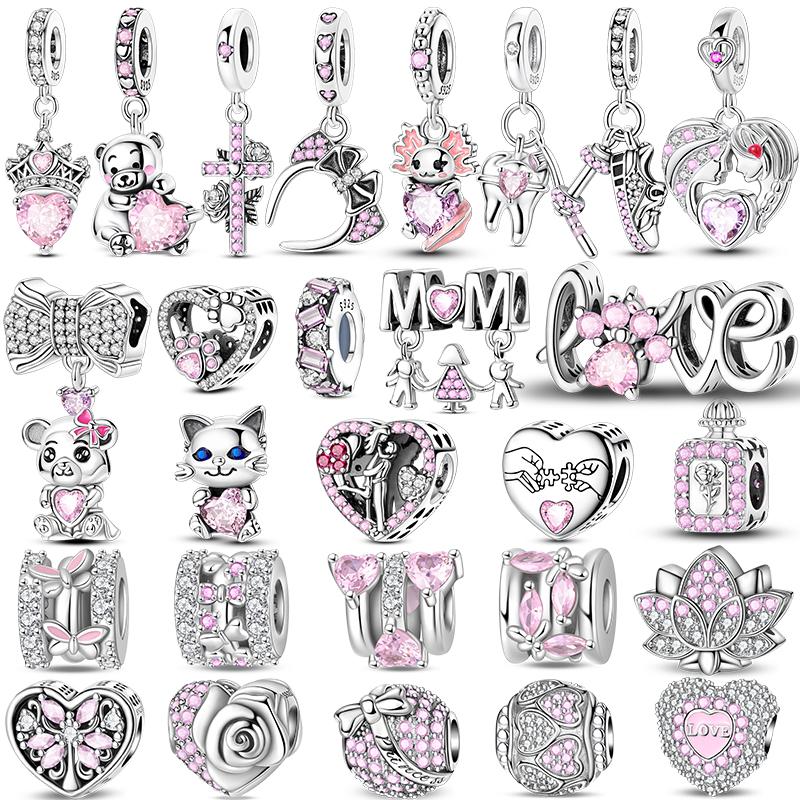 Argent 925 Breloques Roses Perles Papillon Bouteille de Parfum Couronne Cœur Zircon Breloques pour Femmes Beaux Bijoux DIY Cadeaux
