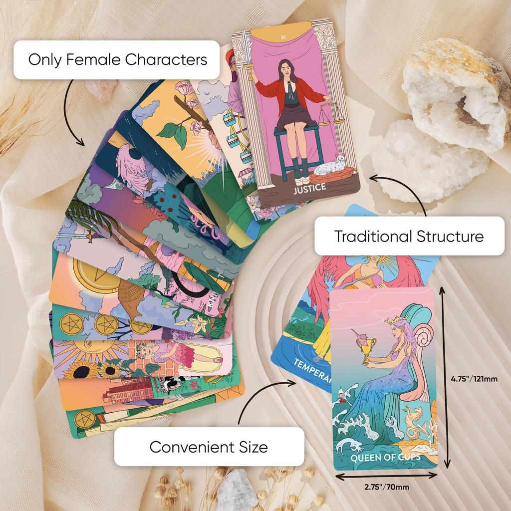 Wyspell Feminine Tarot Card Deck – Borderless – with Guidebook – Neoteric Beginner Tarot Deck