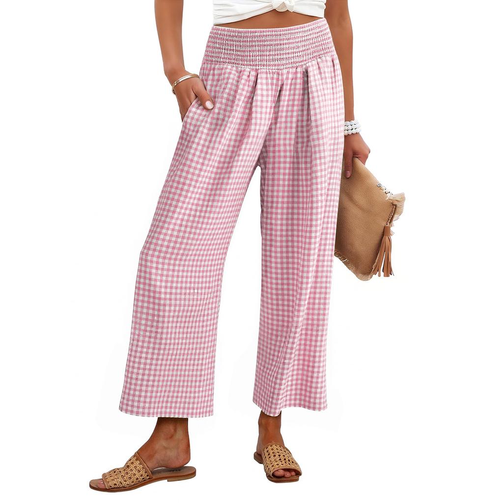 Women's Fashion Loose Pleated Elastic Waist Pocket Checkered Casual /10 Pants