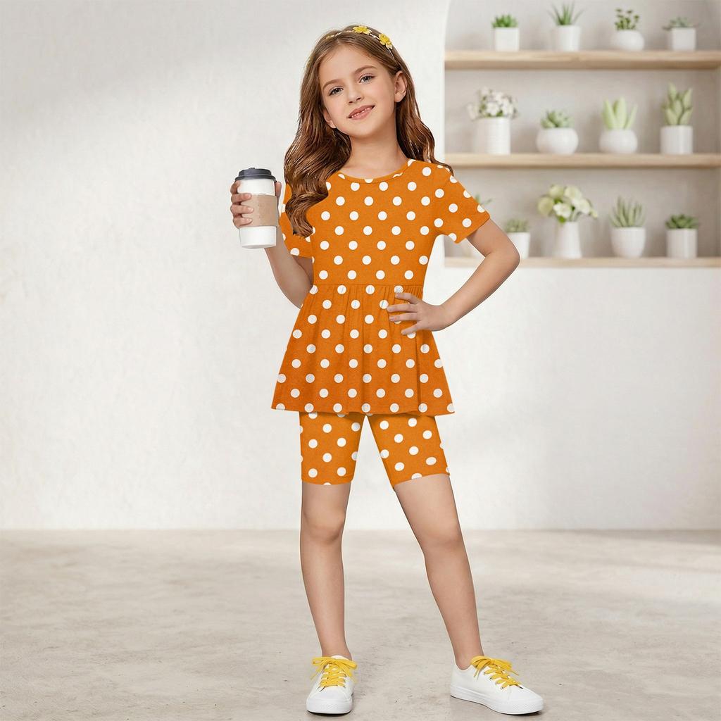 Sommer-Outfit-Set für Mädchen Polka-Dot-Print Kurzarm-Oberteil mit Rüschensaum und Shorts