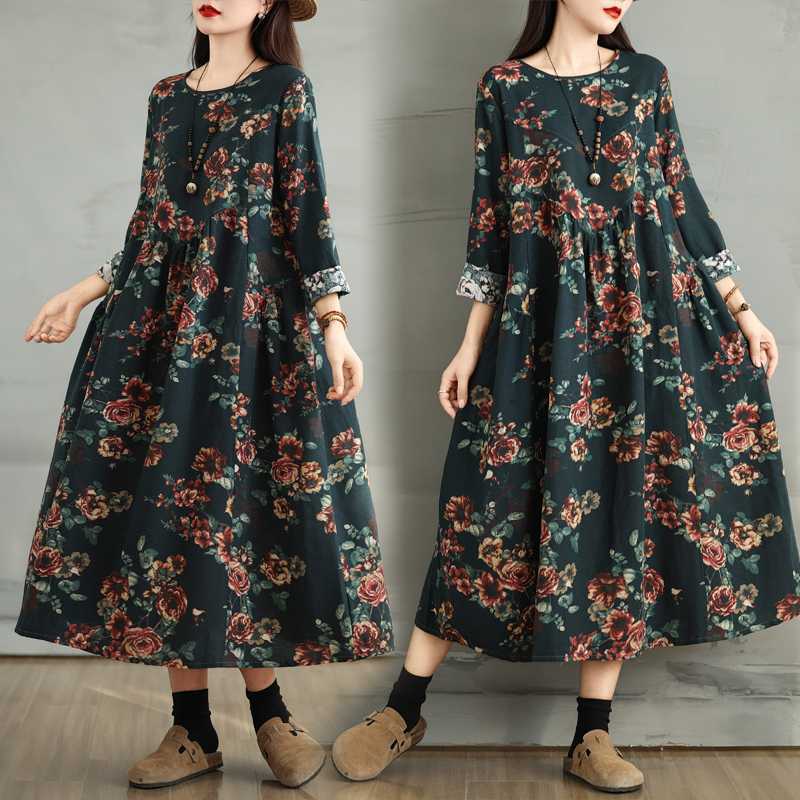 

Женское винтажное льняное платье с цветочным принтом, туника свободного кроя с рукавами, которые можно подворачивать, контрастная отделка 2XL