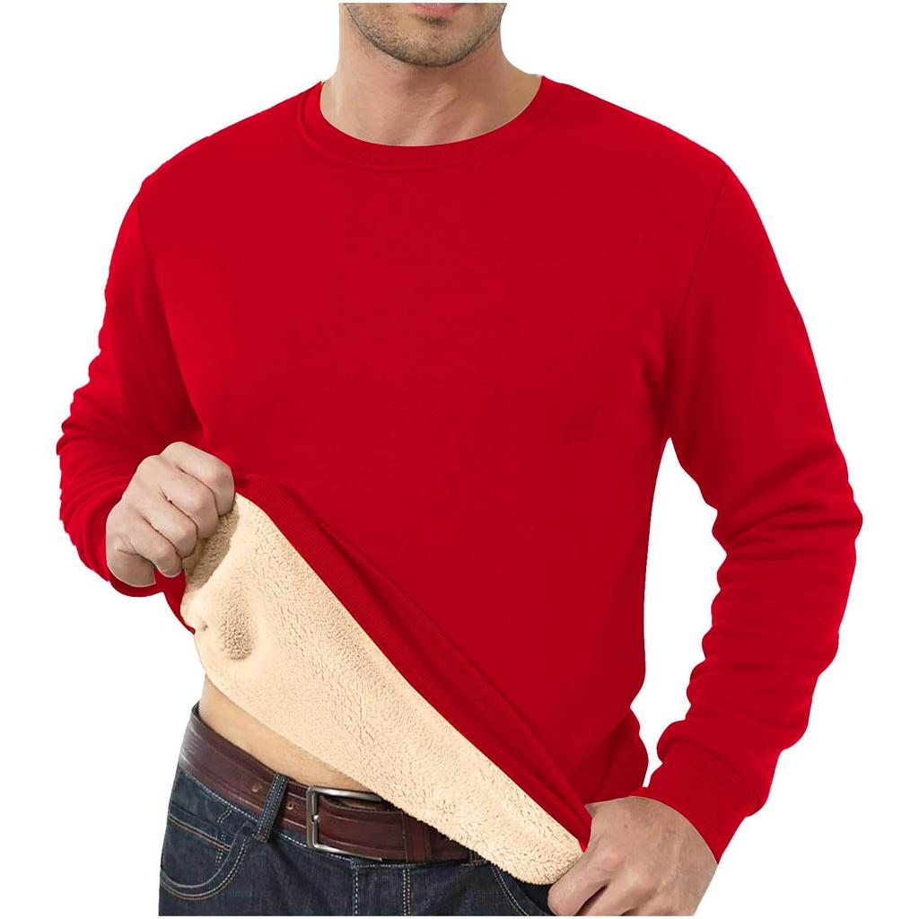 Men's Fleece-Lined Crew Neck Sweatshirt - Loose Fit, Solid Color, Warm Autumn/Winter Wear.