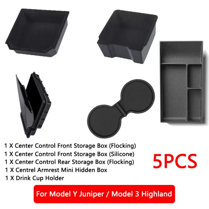 Für Tesla Model Y Juniper Model 3 Highland Mittelkonsolen-Organizer Armlehne Versteckte Aufbewahrungsbox vorne und hinten Untere Silikonmatte