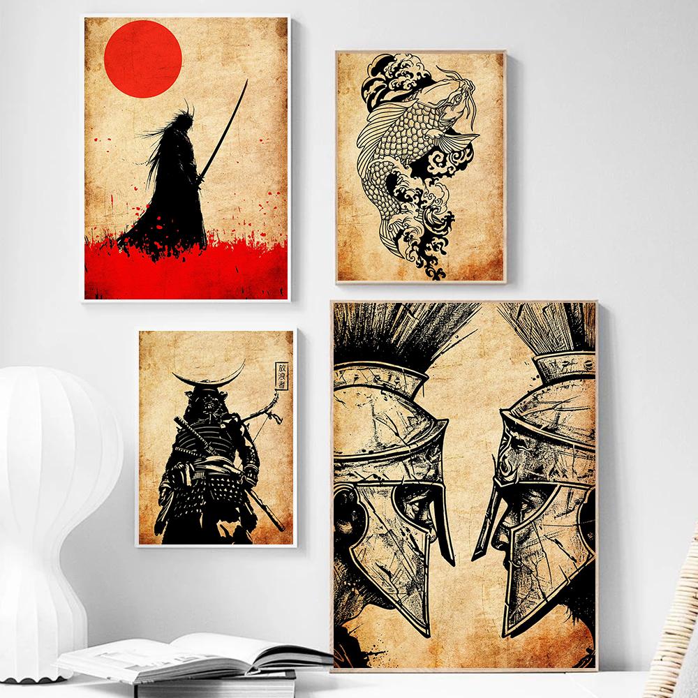 Japanese Silhouette Samurai Art Red Sun Koi Fish Posters Bamboo Modern Prints Canvas Wall Art Pictures Home Living Room Decor