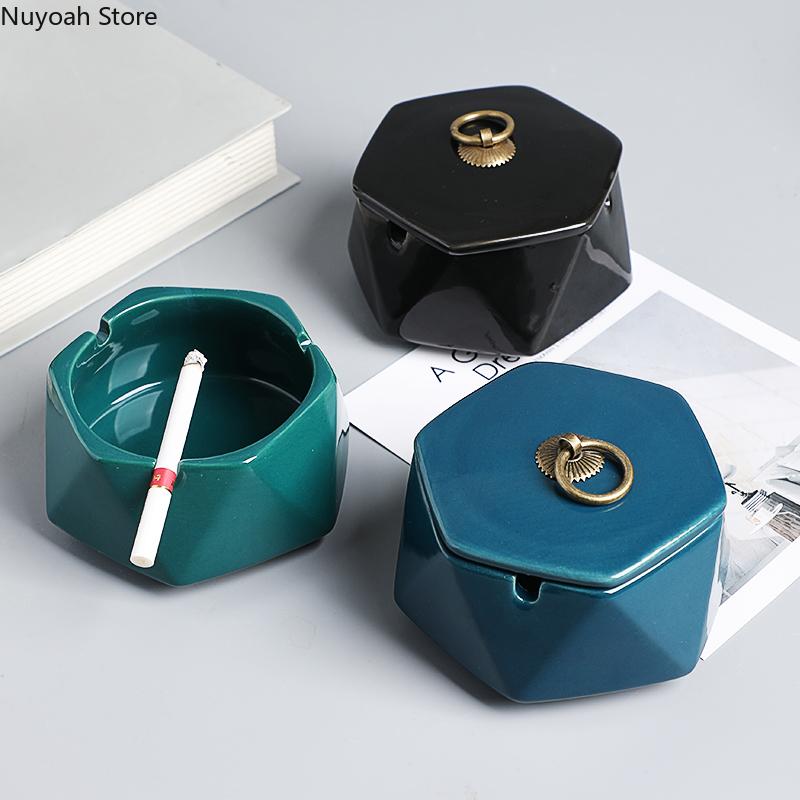 Creative Ceramic Ashtray Diamond Shaped Copper Buckle Storage Box with Lid Living Room Anti Fly Ash Home Decoration Accessories