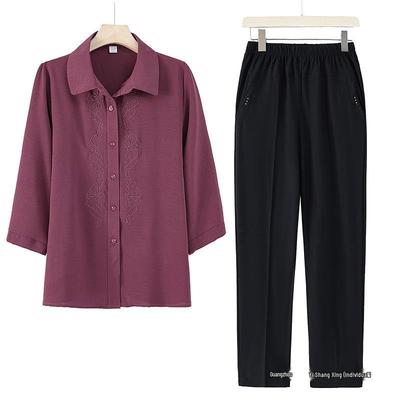 Women's Summer Shirt Set: Long-Sleeved Plain Outfit for Middle-aged and Elderly