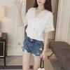Casual Women Solid Color V Neck Short Sleeve Lace Loose Chiffon T-shirt Blouse