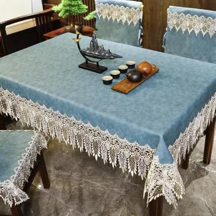 Tablecloth Waterproof and Oil Resistant Lace Embroidery Edge PU Table Cover Home Dining Table Decoration Mat